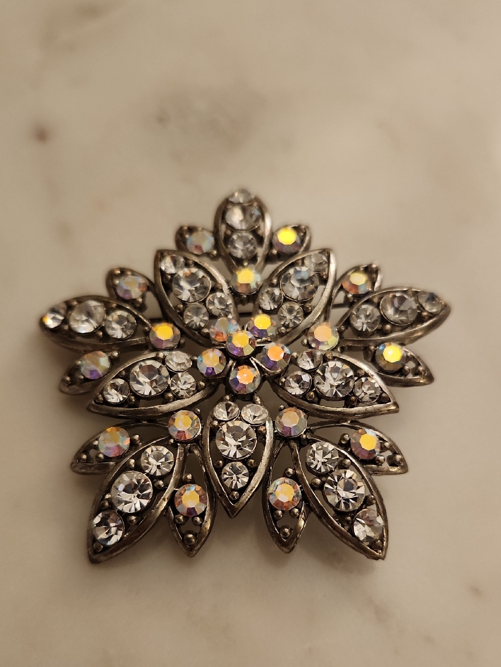 Snowflake Floral Star Shape Statement Brooch Clear & Aurora Borealis Rhinestones
